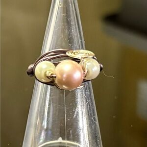 🤍 Pearl Trio Wire-Wrapped Ring | Handmade Elegance 🤍